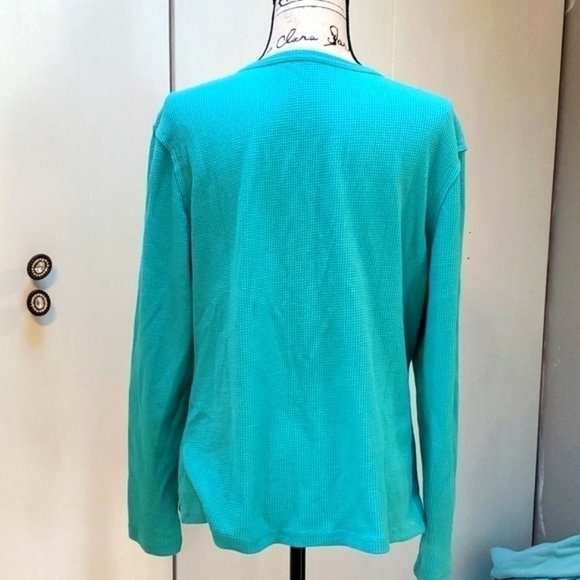Womens REVERSE STITCH Vneck Turquoise textured Snap button Top Sz.XL - Picture 3 of 3